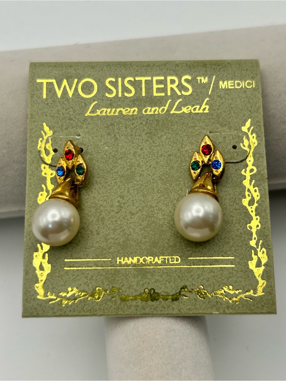 Two Sisters Faux Pearl Drop Earrings Red Green Blue Crystal Accents Gold-tone
